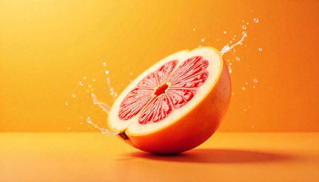 Refreshing grapefruit half with water splash on vibrant background