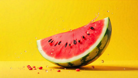 Watermelon slice with splashing water on vibrant yellow background