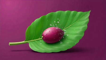 Juicy plum resting on a vibrant green leaf