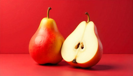 Fresh pear still life against red studio backgroundの写真素材