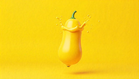 Yellow pepper with splash on matching background for foodの写真素材