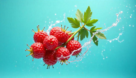 Fresh raspberries with leaves and water splash on blue