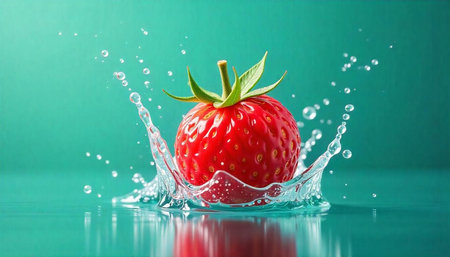 Red Strawberry Plunging into Clear Water with Vibrant Backdrop