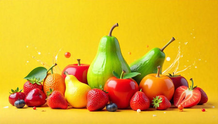 Assorted Fruits Placed on Yellow Background with Splash Effect