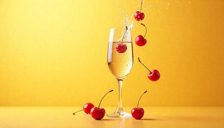 Cherry splash in champagne glass on vibrant yellow background