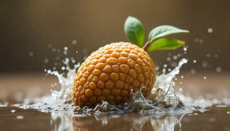 Orange fruit with leaves in splashing water motion