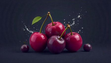 Fresh cherries with water droplets on a dark background