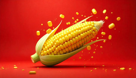 Bright ear of corn with flying kernels on red
