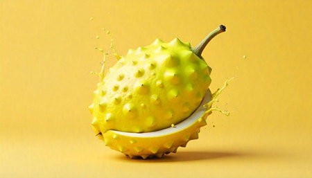 Sliced Kiwano melon with juice splash on yellow backdrop