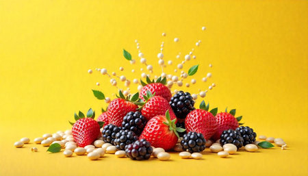 Fresh strawberries blackberries and white beans on a yellow background