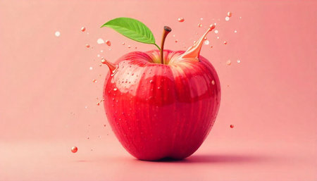 Fresh Red Apple with Splash on Pink Background