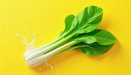 Fresh bok choy vegetable with splash on bright yellow background