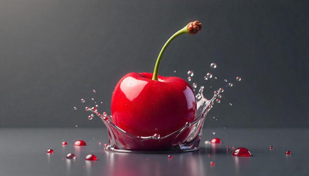 Studio shot of a fresh cherry with water splash