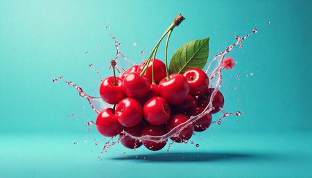 Cherries with water splash on bright colored blue background
