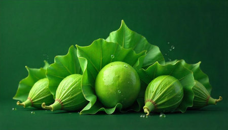 Green fruits and leaves water drops studio still life