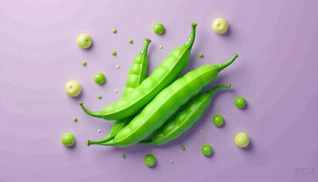Fresh green pea pods and balls on pastel background