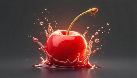 Isolated single cherry fruit with water splash on dark background