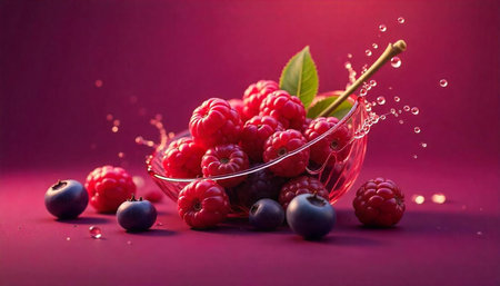 Bowl of raspberries and blueberries with splashing water