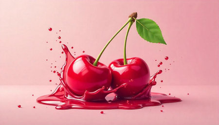 Two glossy cherries with juice splash on pink background