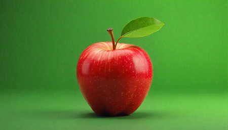Red Apple with Leaf on Green Background