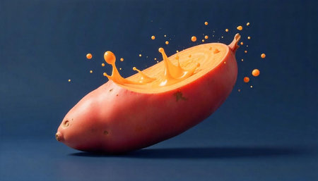 Vibrant splash of juice inside cut sweet potato