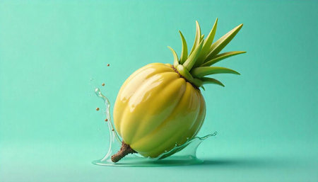 Fresh pineapple with splashing water on a colored backgroundの写真素材