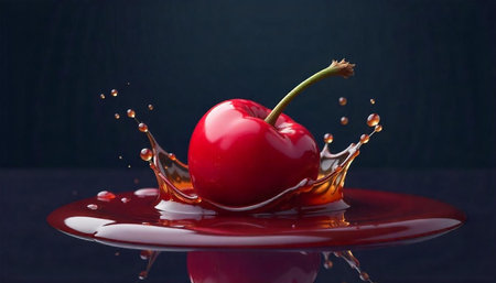 Single ripe cherry with splash on reflective dark surface