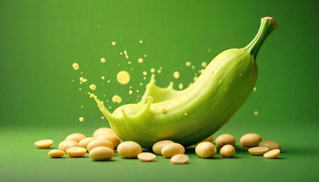 Fresh green fruit with splashing yellow liquid and seeds
