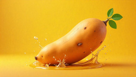 Fresh mango with stem and leaves in water splash