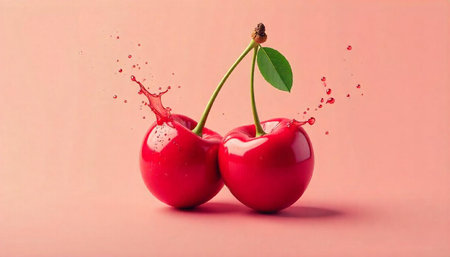Two vibrant cherries with juice splash on pink backdrop