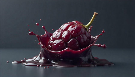 Ripe raspberry in red juice splash, dark backdrop