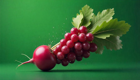 Red Radish and Grapes Still Life on Green Backdropの写真素材