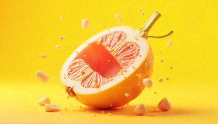 Half grapefruit with juice drops on yellow background