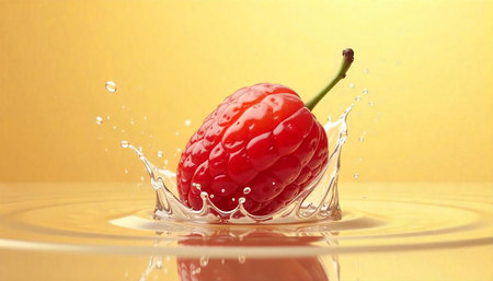 Red raspberry splashing into clear liquid with yellow backdrop