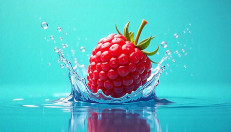Fresh raspberry falling into water against bright blue background