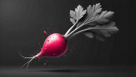 Vibrant magenta beet with grayscale leaves against dark background