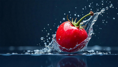 Fresh tomato plunging into water with splash on dark backdrop