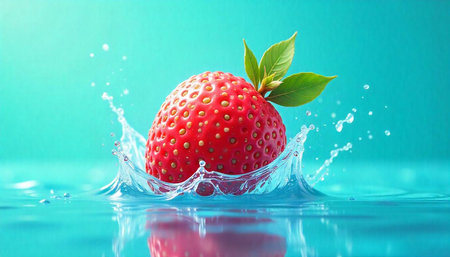 Fresh strawberry falling into water with splash effect