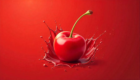 Juicy red cherry splash on vibrant red background