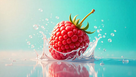 Fresh raspberry splashing into clear water, clean background
