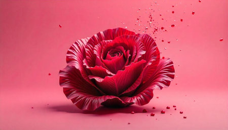 Elegant dark red rose with droplets on pink backdropの写真素材