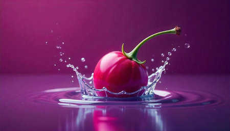Fresh cherry creating water splash in vibrant purple backdrop