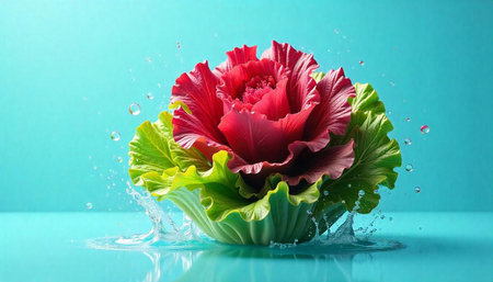 Fresh red cabbage with green lettuce and water splashes