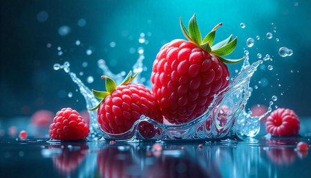 Fresh raspberries in water splash with a blue backgroundの写真素材