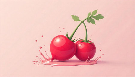 Two red tomatoes with green leaves on pink background