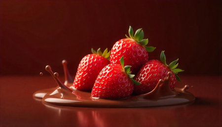 Fresh strawberries splashing into sweet melted chocolate backgroundの写真素材