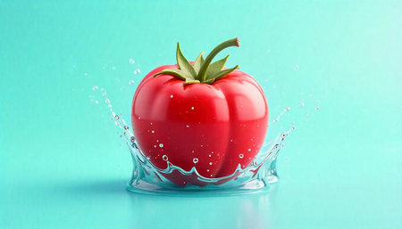 Fresh tomato splash on turquoise background in vibrant studio