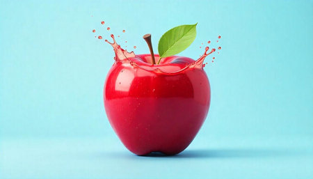 Fresh red apple with juice splash on blue background