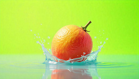Orange splash on light green background, water ripple, healthyの写真素材