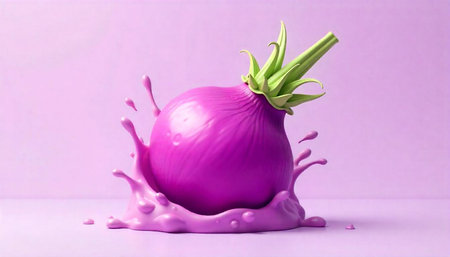 Purple Onion Splashing with Liquid on Lavender Background